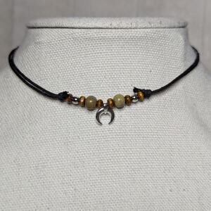 Tiny Crescent Moon Charm Green Ceramic Beaded Boho Whimsical Y2K Choker Necklace